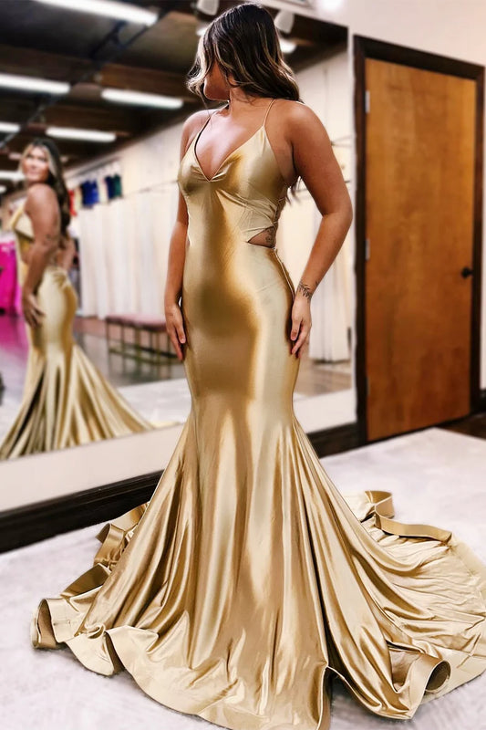 V-Neck Lace-Up Trumpet Long Formal Dress