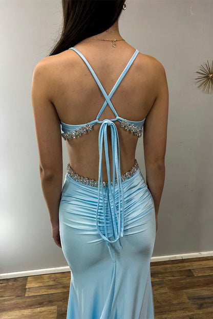 V-Neck Cutout Rhinestone Mermaid Long Formal Dress