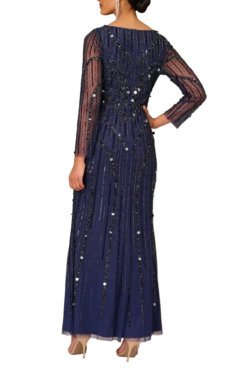 V-Neck Illusion Long Sleeve Zipper Back Embellished Mother of the Bride Dress