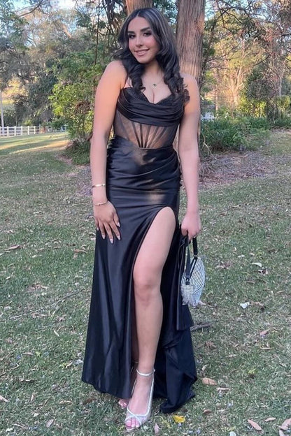 Cowl Neck Sheer Bodice Long Formal Dress with Slit