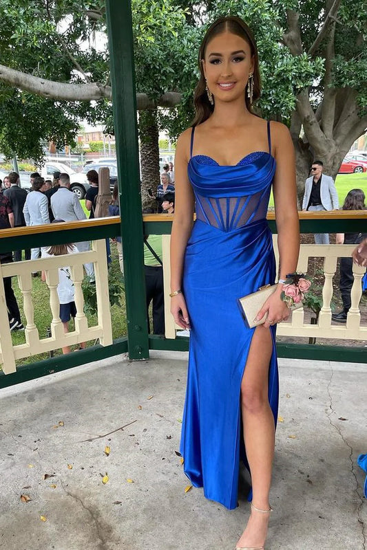 Cowl Neck Sheer Bodice Long Formal Dress with Slit