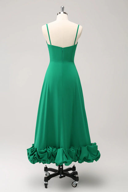 Green A Line Spaghetti Straps Bridesmaid Dress with Ruffle