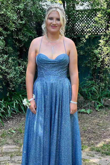 Glitter Cowl Neck Lace-Up A-Line Long Prom Dress