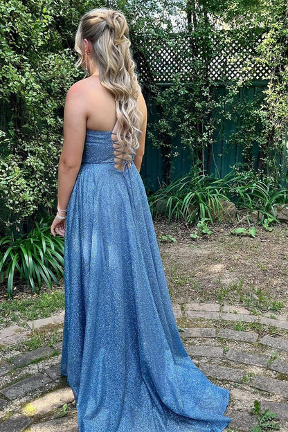Glitter Cowl Neck Lace-Up A-Line Long Prom Dress