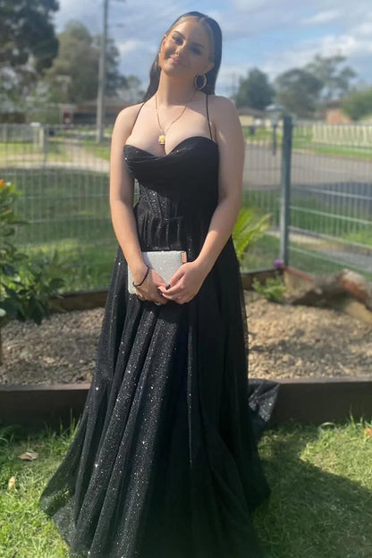 Glitter Cowl Neck Lace-Up A-Line Long Prom Dress