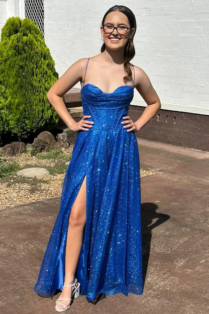 Glitter Cowl Neck Lace-Up A-Line Long Prom Dress