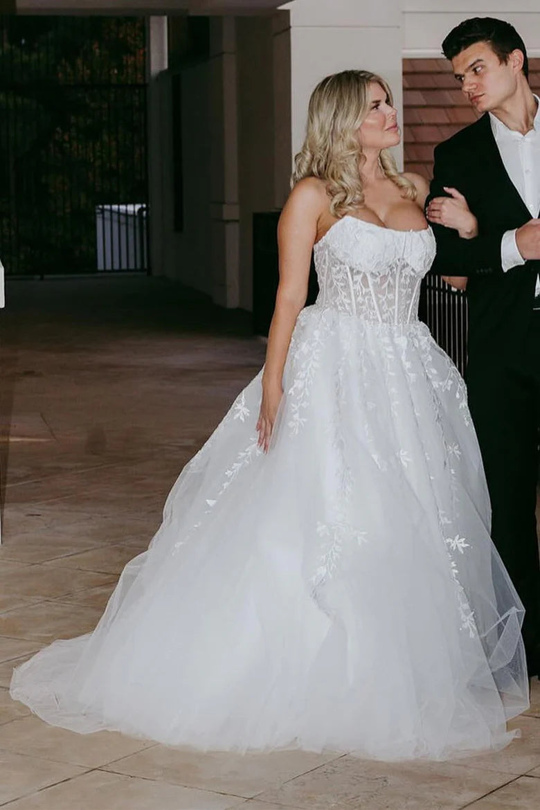 Appliques Strapless A-Line Long Prom Dress