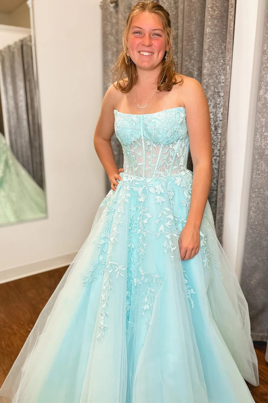 Appliques Strapless A-Line Long Prom Dress