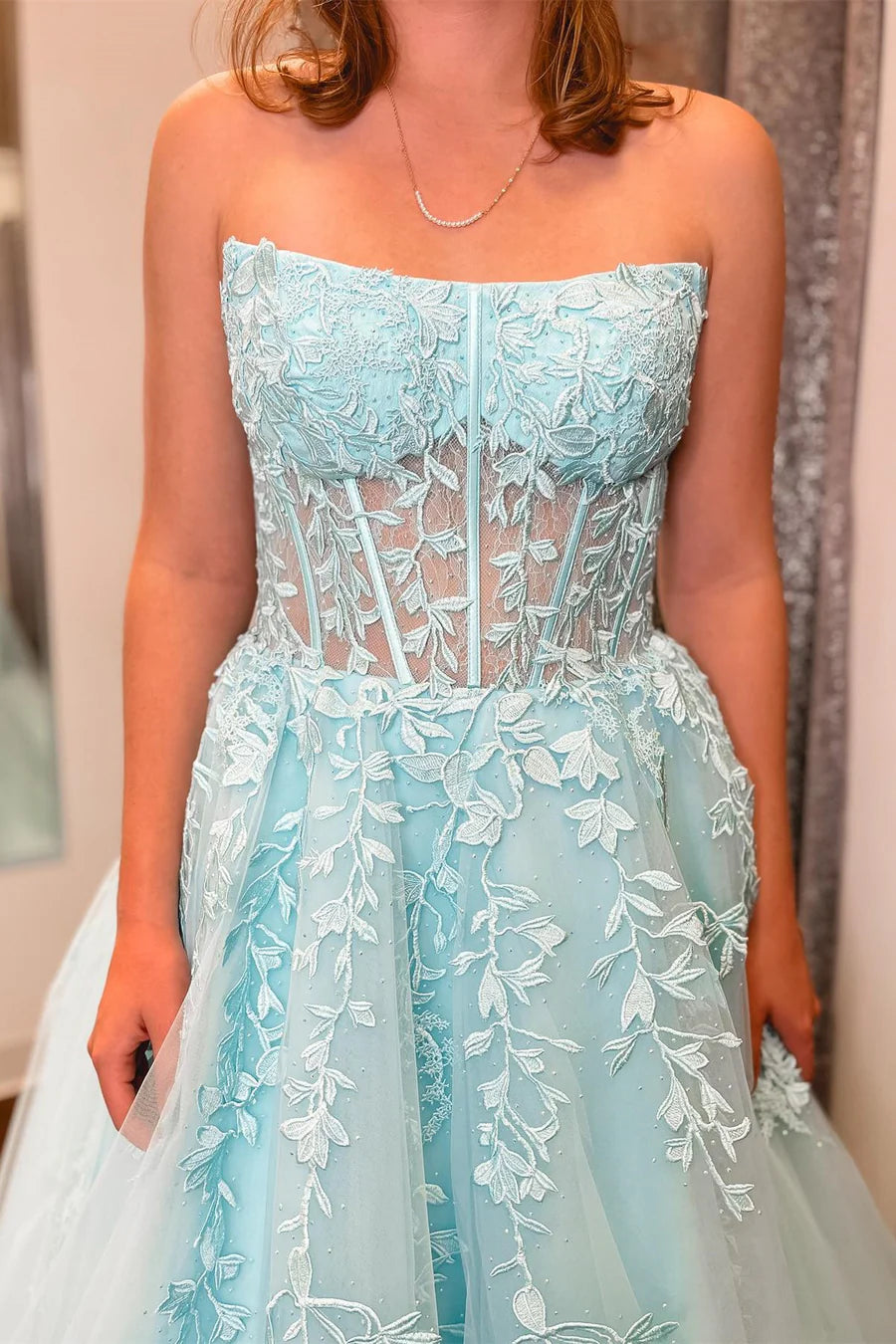 Appliques Strapless A-Line Long Prom Dress