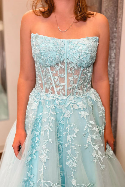Appliques Strapless A-Line Long Prom Dress