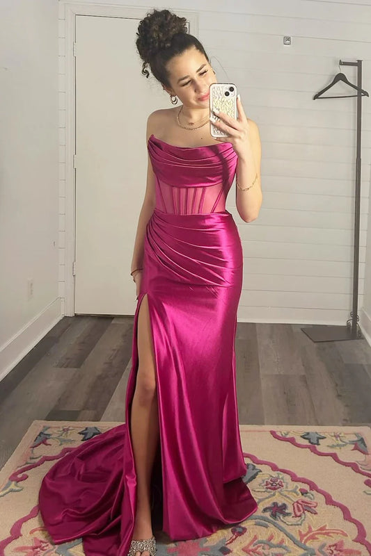 Strapless Sheer Bodice Mermaid Long Formal Dress