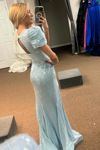 Sequin Puff Sleeve V-Neck Mermaid Maxi Dress with Slit
