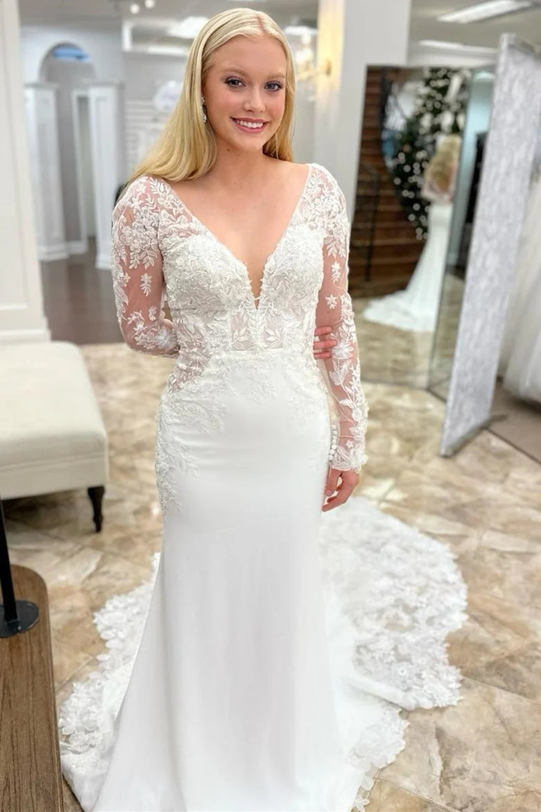 Appliques Plunge V Mermaid Bridal Gown with Long Sleeves