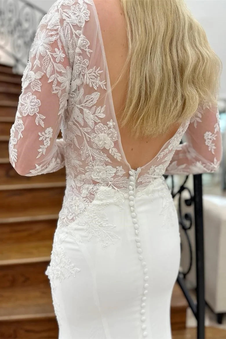 Appliques Plunge V Mermaid Bridal Gown with Long Sleeves