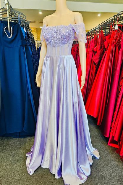 3D Floral Lace Off-the-Shoulder A-Line Long Prom Dress