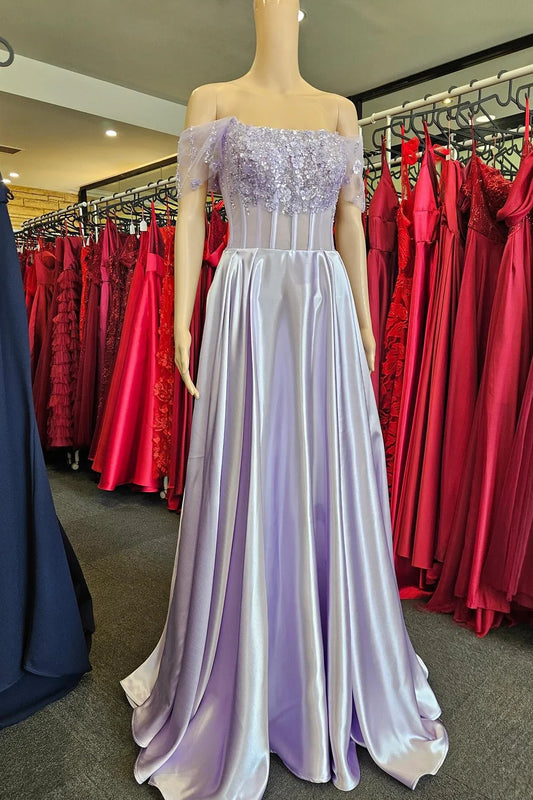 3D Floral Lace Off-the-Shoulder A-Line Long Prom Dress