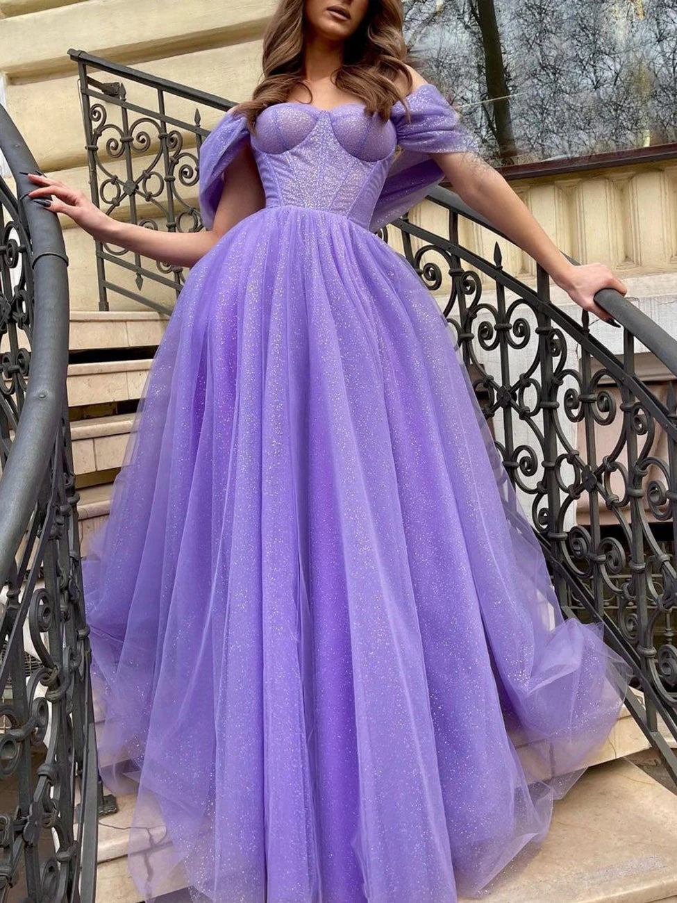 Purple off shoulder tulle sequin long prom dress purple evening prom dress