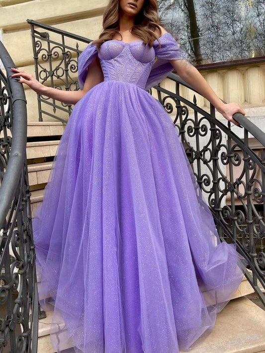 Purple off shoulder tulle sequin long prom dress purple evening prom dress