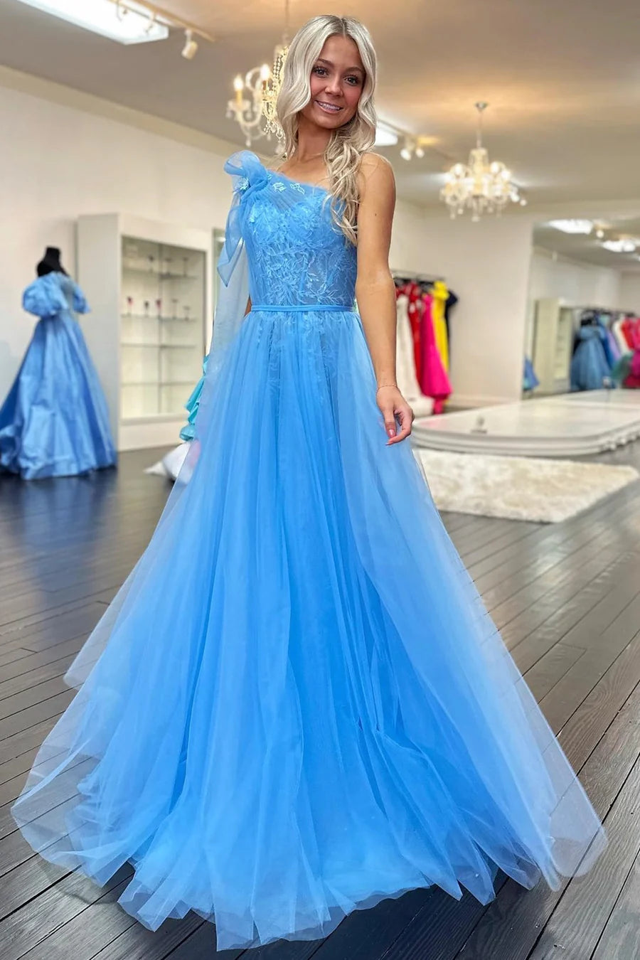 One-Shoulder Bow Strap A-Line Long Formal Dress