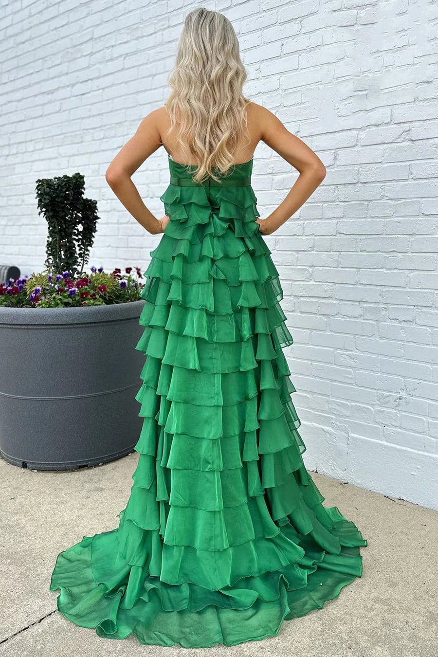 High-Waist Ruffle Tiered Long Prom Dress with Bow