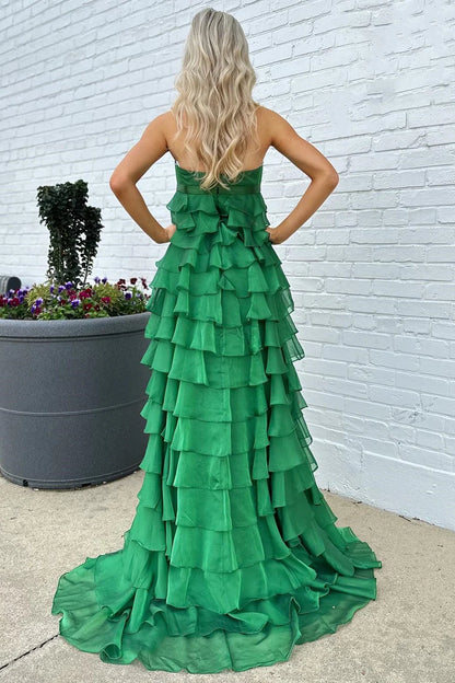 High-Waist Ruffle Tiered Long Prom Dress with Bow