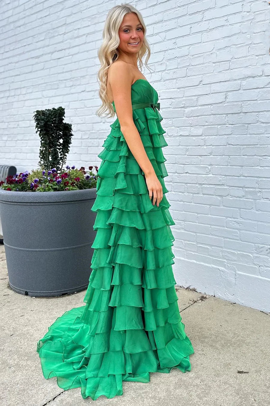 High-Waist Ruffle Tiered Long Prom Dress with Bow