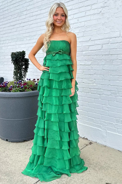High-Waist Ruffle Tiered Long Prom Dress with Bow