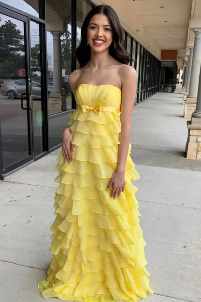 High-Waist Ruffle Tiered Long Prom Dress with Bow