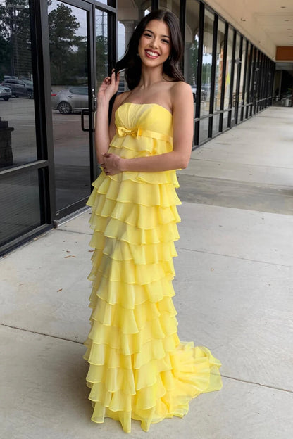High-Waist Ruffle Tiered Long Prom Dress with Bow