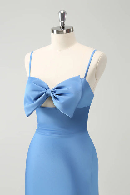 Mermaid Spaghetti Straps Satin Bridesmaid Dress with Bow