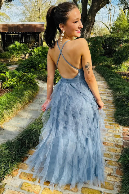 Plunge V Ruffle Maxi Dress in Smoky Blue
