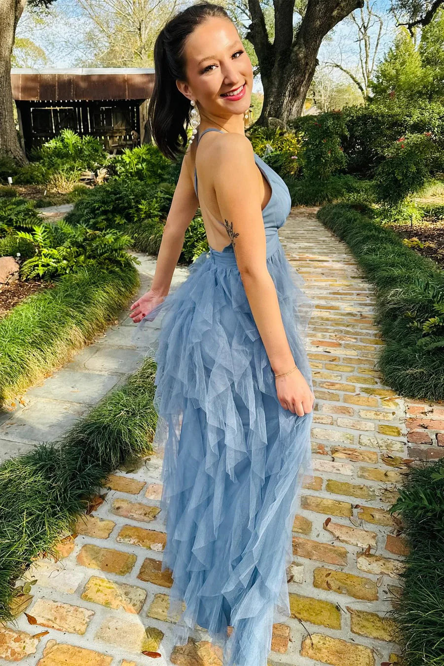 Plunge V Ruffle Maxi Dress in Smoky Blue