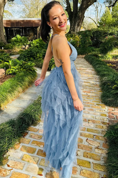 Plunge V Ruffle Maxi Dress in Smoky Blue