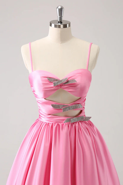 Pink A Line Spaghetti Straps Cut Out Homecoming Dress