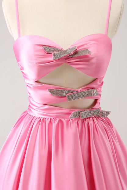 Pink A Line Spaghetti Straps Cut Out Homecoming Dress