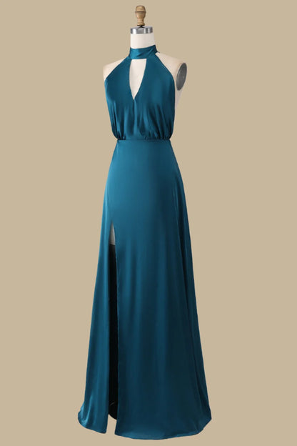 Halter Blouson-Style Maxi Dress with Slit