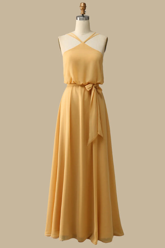 Halter Chiffon Maxi Dress in Mustard Yellow