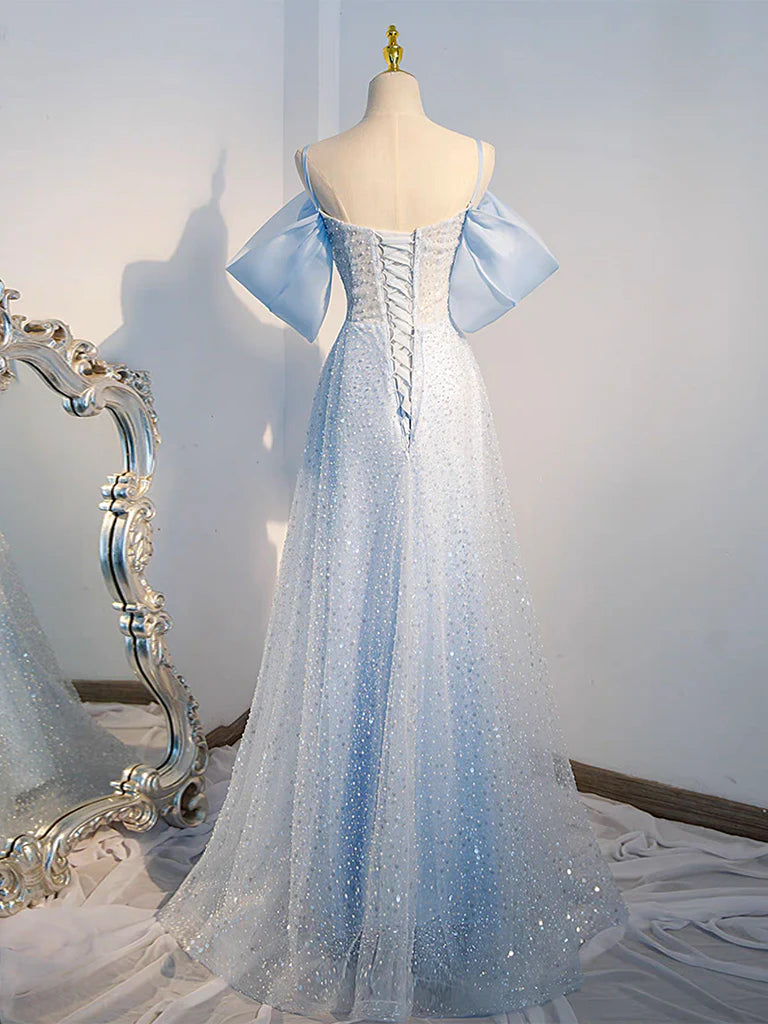 A-Line Tulle Sequin Blue Long Prom Dress Blue Long Formal Dress