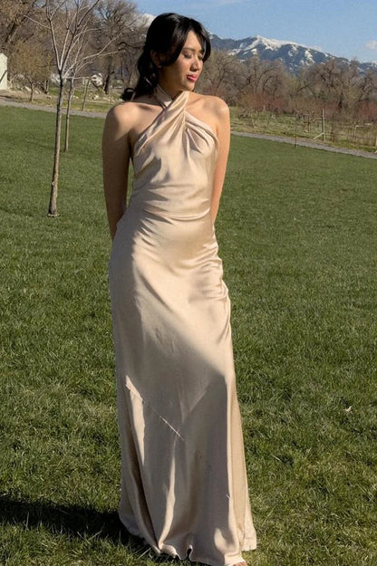 Backless Long Bridesmaid Dress in Champagne