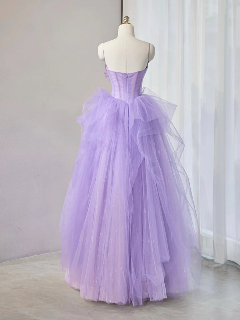A-Line Sweetheart Neck Tulle Lace Applique Purple Long Evening Dress Purple Formal Dress