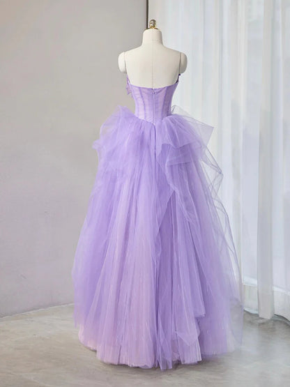 A-Line Sweetheart Neck Tulle Lace Applique Purple Long Evening Dress Purple Formal Dress