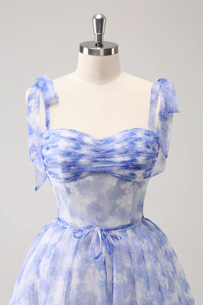 Blue A Line Spaghetti Straps Pleated Short Homecoming Dress
