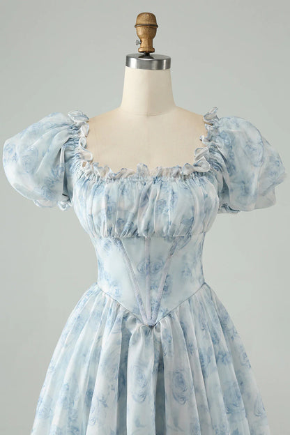 Sky Blue A Line Square Neck Floral Short Homecoming Dress