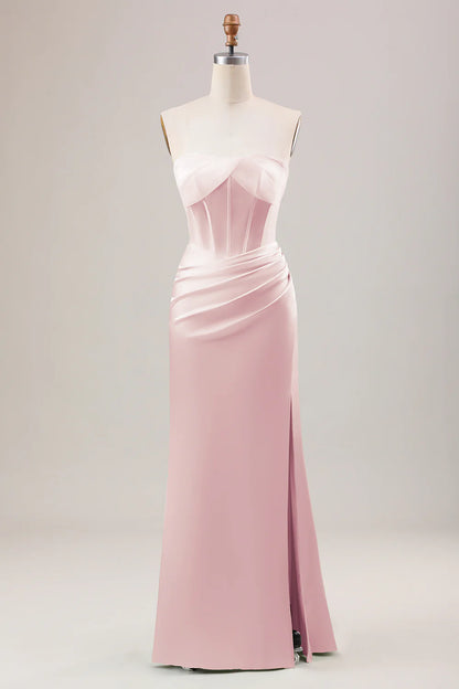 Mermaid Strapless Pleated Corset Long Bridesmaid Dress With Slit