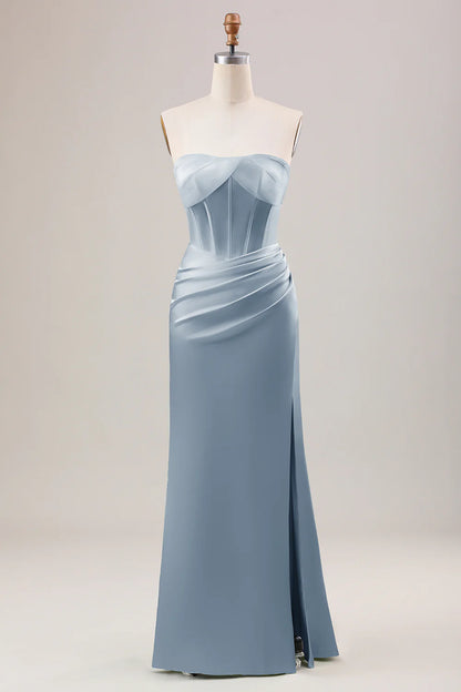 Mermaid Strapless Pleated Corset Long Bridesmaid Dress With Slit