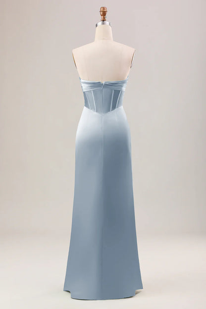 Mermaid Strapless Pleated Corset Long Bridesmaid Dress With Slit