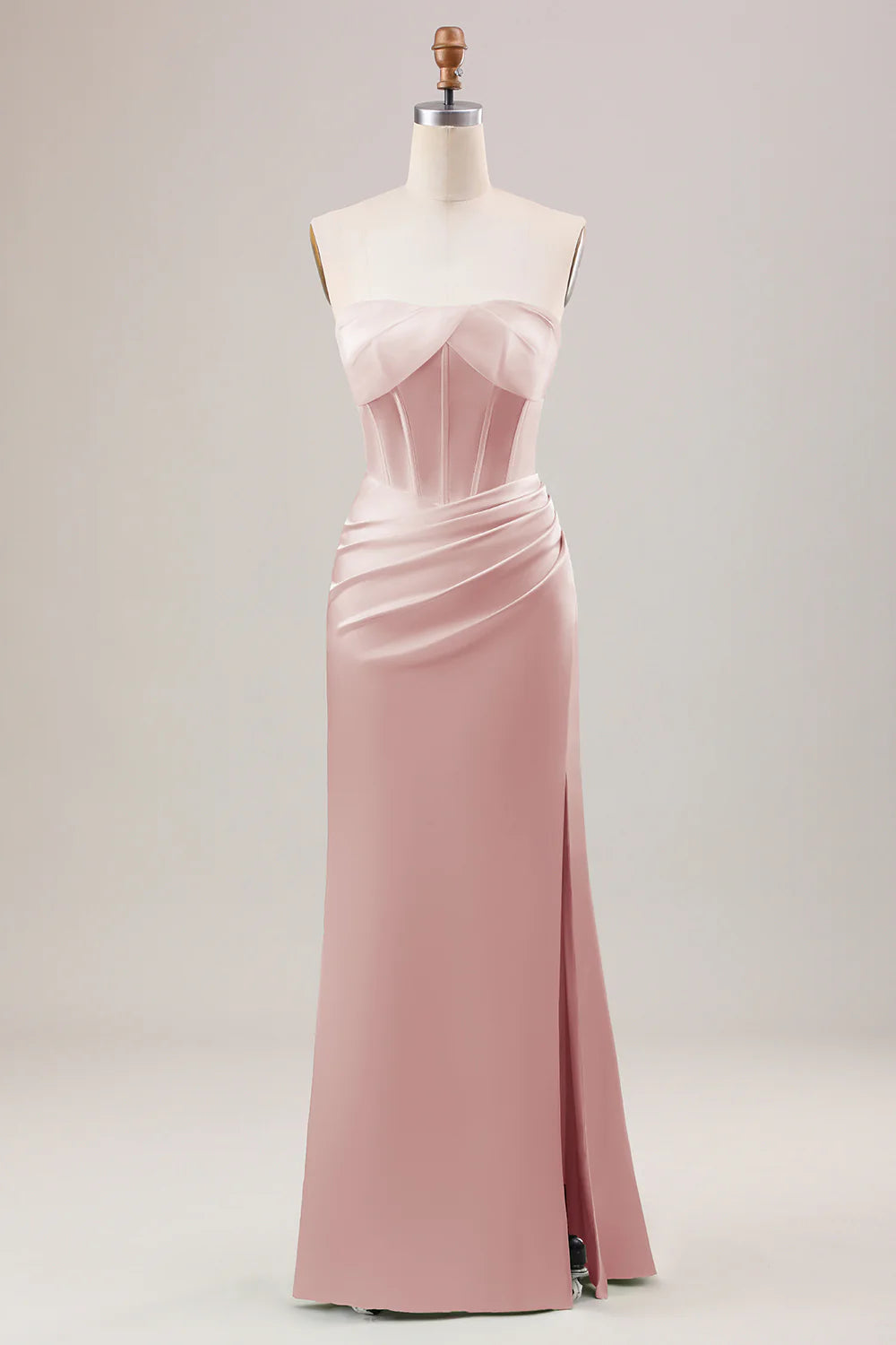 Mermaid Strapless Pleated Corset Long Bridesmaid Dress With Slit