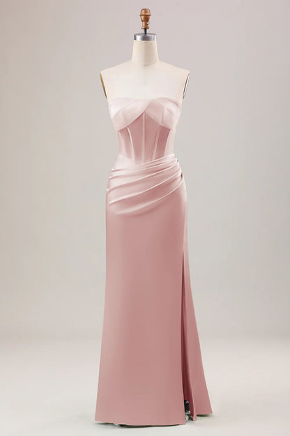 Mermaid Strapless Pleated Corset Long Bridesmaid Dress With Slit