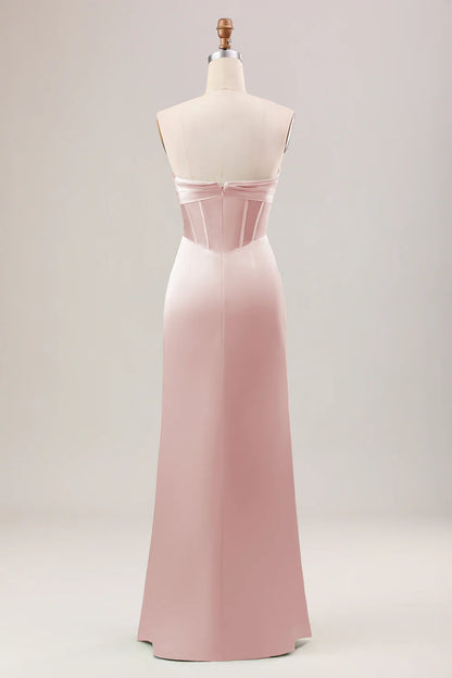 Mermaid Strapless Pleated Corset Long Bridesmaid Dress With Slit