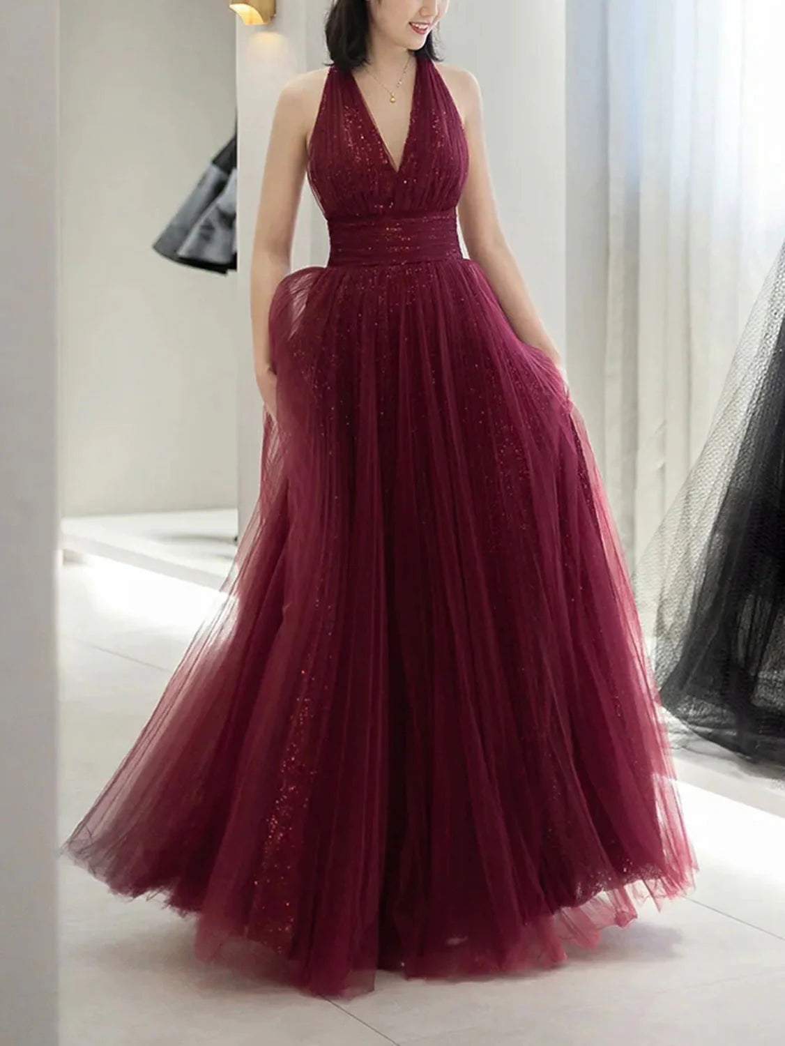 Burgundy Aline v neck tulle sequin long prom dress burgundy prom dress